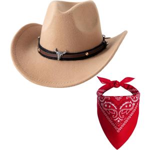 Jastore Kids Western Hats Boys Girls Cowboy Leather Buckle Felt Cowgirl Hat with Cowboy Red Bandanas (1-3T, Camel)