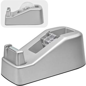 Desktop Office Tape Dispenser, Fits Standard 1-Inch Core Tapes, Weighted Non-Slip Base, Sharp Metal Blade, Smooth Cutting, Adhesive Roll Holder for Office, School, Shop, Home, Business - Silver