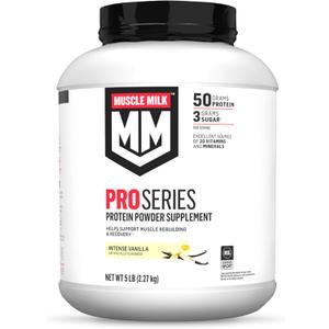 Muscle Milk Pro Series Protein Powder Supplement, Intense Vanilla, 5 Pound, 28 Servings, 50g Protein, 3g Sugar, 20 Vitamins & Minerals, NSF Certified for Sport, Workout Recovery, Packaging May Vary (EXP 08/28/26)