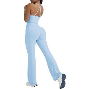 OMKAGI 2 Piece Workout Sets for Women Padded Tank Tops Flare Leggings Pilates Outfits (X-Small, 449-Blue)
