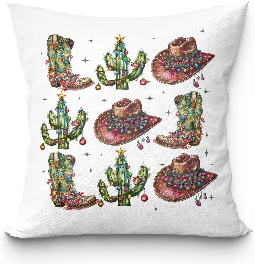 Western Christmas Pillow Covers 18x18, Western Christmas Decorations, Cowboy Boots Hat Cactus Decorative Pillow Covers, Christmas Decorations for Living Room Bedroom Home Office,Pillowcover (Pillow-sd-03)
