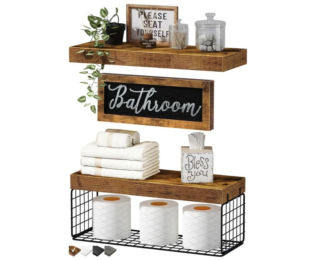 QEEIG ‎Bathroom Shelves Over Toilet - Paper Storage Wall Mounted Farmhouse Decor Decorations Aesthetic Décor Sign Small Floating Shelf 2+1 Set 16 inch, Rustic Brown (020BN)