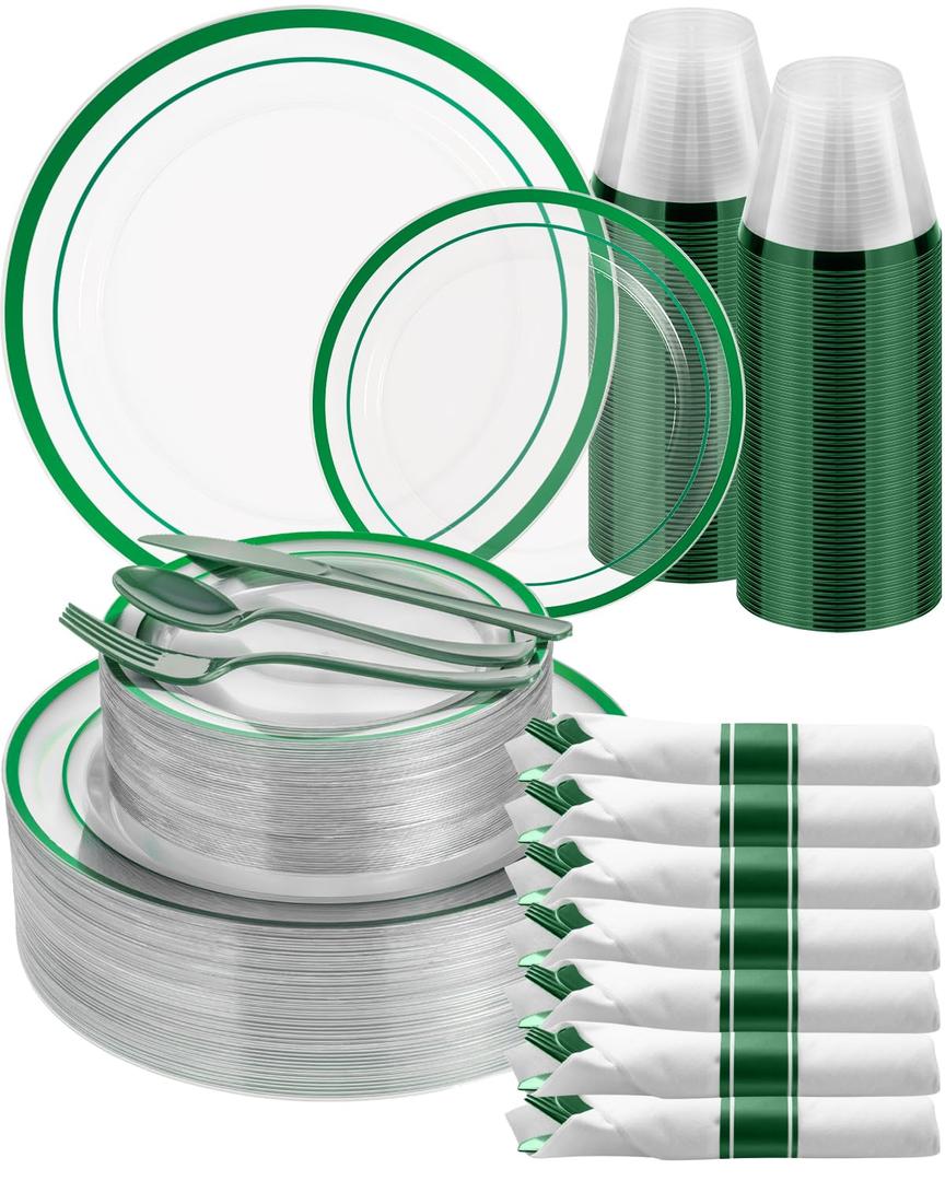 Goodluck 350 Pcs Green Plastic Plates for Party, Graduation, St. Patrick's Day, Clear Plastic Silverware Disposable Plates Set, Include 100Plates, 50Pack Pre Rolled Napkins with Silverware, 50Cups