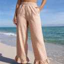 Flygo Women's Gingham Pants Y2K Cotton Wide Leg Ruffle Hem Lounge Pants Plaid Elastic Waisted Trouser with Pockets (Brown, M)