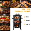Charcoal Smoker, 3 in 1 Heavy Duty Vertical Barbecue Grill, Adjustable Air Vent, Outdoor Smoker for Backyard, Barbecues, Camping, 18" Black