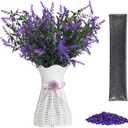 4-in-1 Scented Faux Lavender Vase Set - 4 Purple Artificial Flower Stems, Plastic Hollow Out Vase, Odor Absorbing Nano Mineral Crystal Beads, Lavender Scent Granules for Home Decor Air Refresh