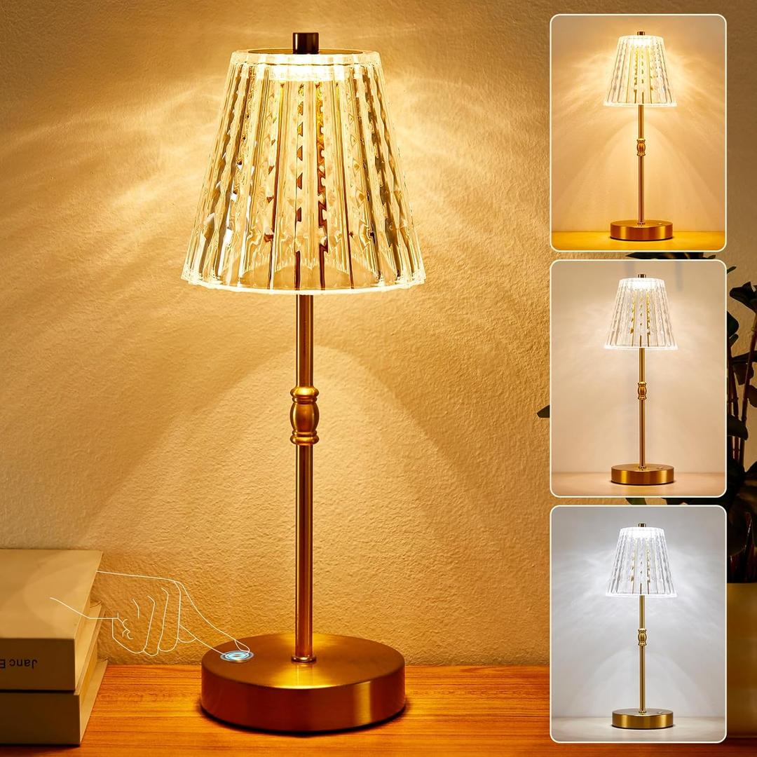 Cordless Table Lamp, 5000mAh Rechargeable Battery Operated Portable Lamp, Dimmable+3 Colors LED Touch Control, Vintage Crystal Lamp for Bedroom, Kitchen, Bar, Office (Gold-1 Pack)