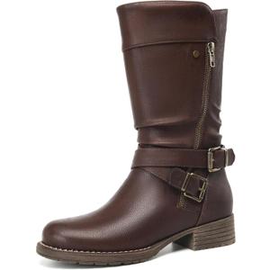 DECARSDZ Women's Mid-Calf Boots Fall Low Heel Fashion Ladies Combat Motorcycle Boots (8, Brown)