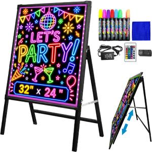 Standing A-Frame LED Message Writing Board 32" x 24", Neon Menu Sign with Adjustable Height, Outdoor Menu Display Board with 8 Colors Markers and Remote Control, DIY Message Light Board