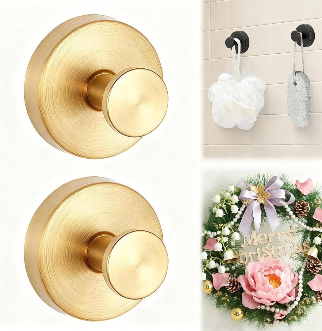 2026 New No-Drill Suction Cup Hooks (2-Pack, Gold) - Ideal for Wreaths & Towels, Suitable for Front Doors, Glass, Showers, Bathrooms, Mirrors