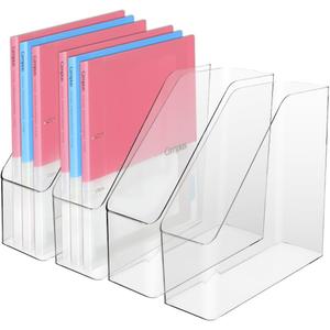 4Pcs Clear Acrylic Magazine File Holder, Plastic Vertical File Folder Storage Magazine Rack Bin, Acrylic Magazine Holder, Desk Document Sorter Organizer for Home Office School Work Desktop Supplies