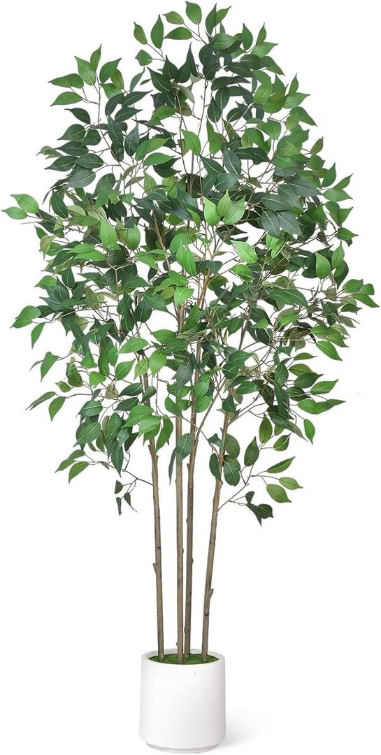 Timoo Ficus Tree Artificial 6 FT Tall Faux Plants Indoor Fake Tree with White Tall Planter, Artificial Plants Indoor Faux Tree with Full Realistic Leaves, Fake Plant for Home Office Corner Decor
