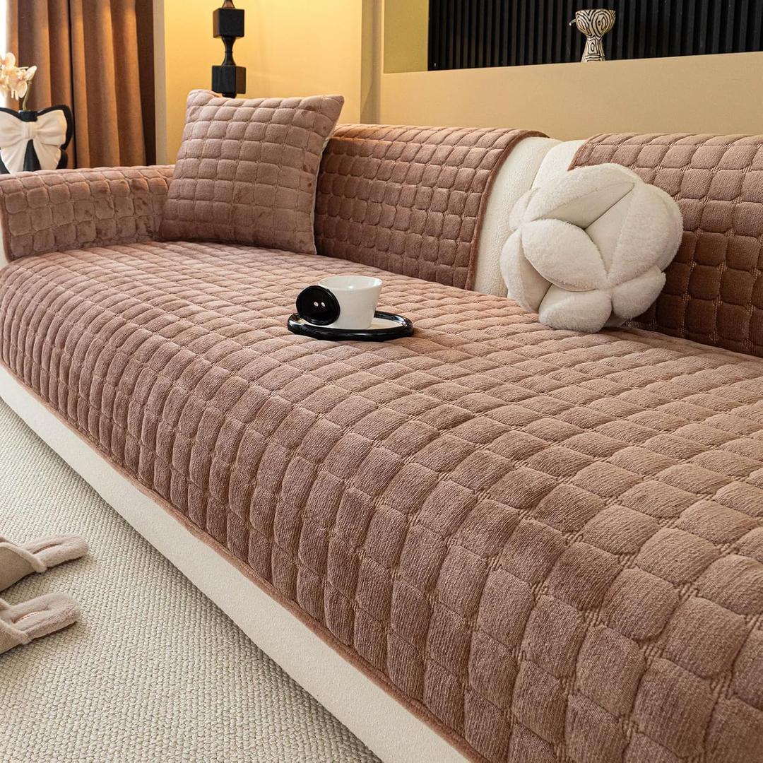 Velvet Couch Cover, Plush Sectional Sofa Cover Washable, Anti Slip Sofa Slipcover for Armrest & Backrest, Furniture Protector Covers for Pets & Kids(1PC, Dark Brown, 35.4"×35.4")