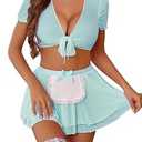 Avidlove Lingerie Set for Women Sexy Maid Outfits Halloween Costume Top and Mini Skirt with Thong （ Light Blue, S