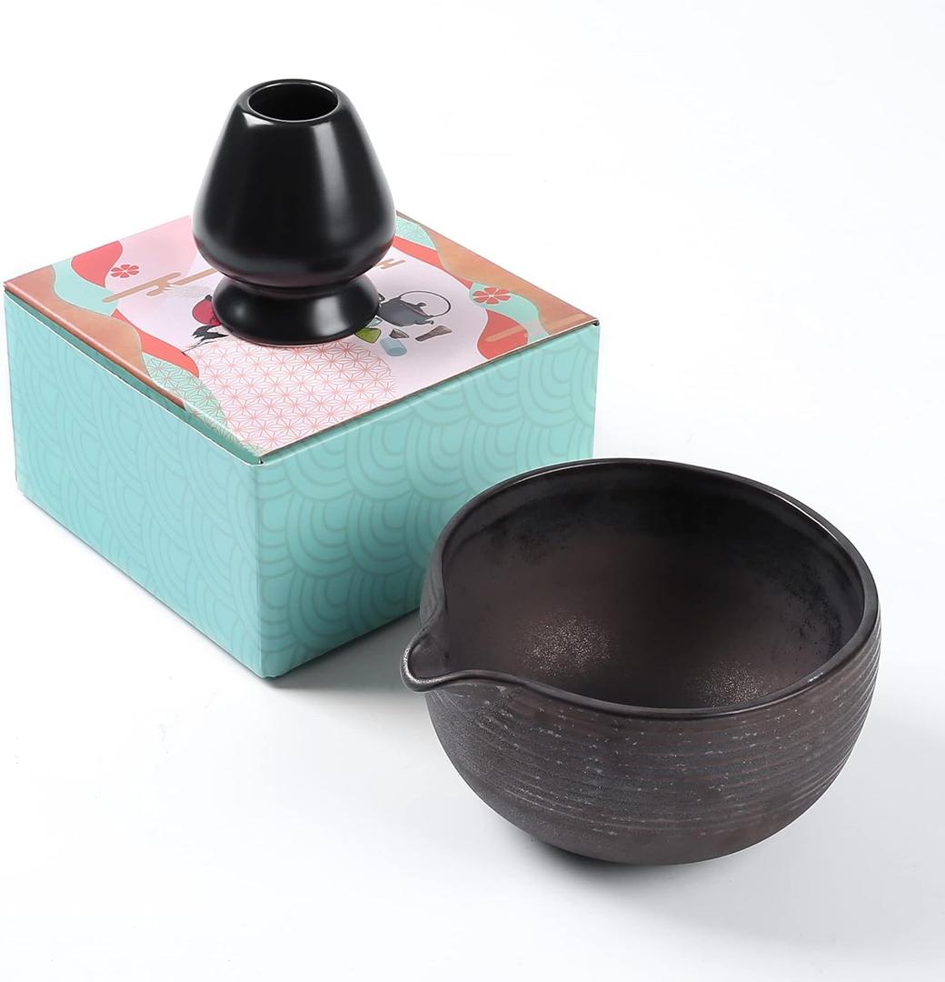 Traditional Matcha Bowl with Pouring Spout and Whisk Holder (Reshaper) - Retro Matcha Green Tea Chawan Kit- 22oz Big Salad Porridge Juice Bowl and Chasen Rest (Charming Black)