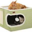 Cat Bed for Indoor Cats Cube House, Covered Cat Cave Beds & Furniture with Scratch Pad and Hideaway Tent, Cute Modern Cat Condo for Multi Small Pet Large Kitten Kitty, Green (16.5"D x 16.5"W x 13"H)