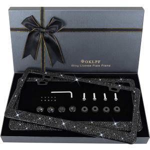 OKLPF Bling License Plate Frame for Women, 2PCS Sparkly License Plate Frames| Over 1200 pcs14 Facets Bedazzled Clear Glass Diamond Rhinestone Crystals w/Free Glitter Diamond Box (Black)