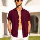 Alimens & Gentle Mens Linen Shirts Short Sleeve Button Down Shirts Wrinkle Free Casual Vacation Beach Summer Tops (Red, M)