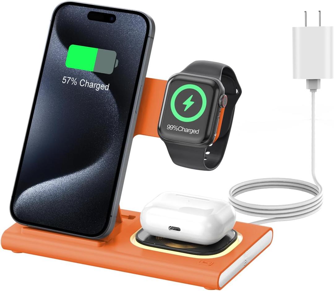 3 in 1 Charging Station for iPhone 17 - Wireless Charger for Apple Products for iPhone 17 16 15 14 13 12 11 Pro Max - Foldable Wireless Charging Station Dock Stand for iWatch Series & AirPods(Orange) 3 in 1 Charging Station for iPhone 17 - Wireless Charger for Apple Products for iPhone 17 16 15 14 13 12 11 Pro Max - Foldable Wireless Charging Station Dock Stand for iWatch Series & AirPods(Orange)