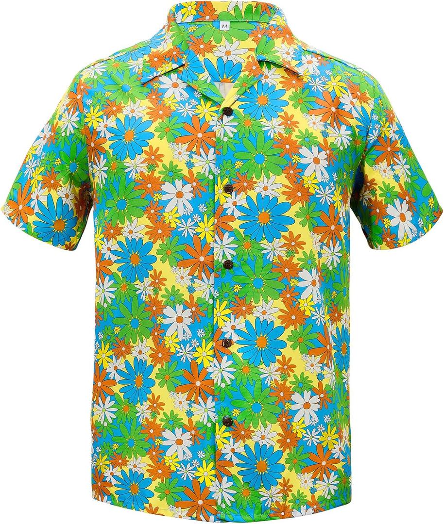 Zando 90s 80s Outfit for Men - Funny Retro Short Sleeve Button Down Hawaiian Shirt for Disco & Themed Party & Beach (L)