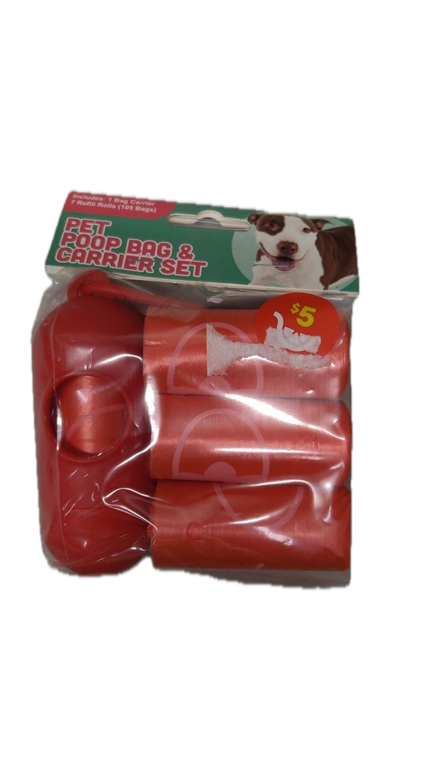 Pet Poop Bag & Carrier Set. 1 Bag Carrier, 7 Refill Rolls (105 Bags) Pack of 4