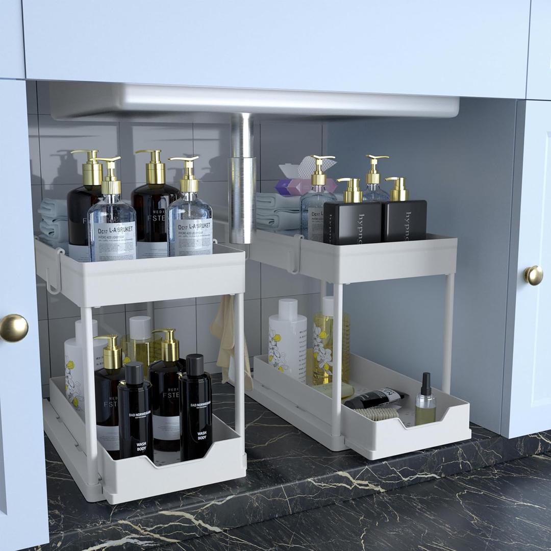 Cabinet, 2 Pack Under Sink Organizer, 2 Tier Sliding Bathroom Kitchen Organizer, Large White ABS Baskets, Easy Install & Clean