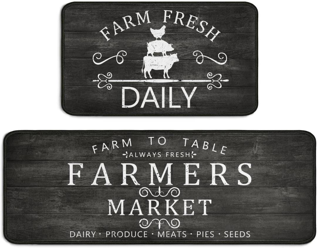 Farmhouse Kitchen Rugs Set of 2,Rustic Kitchen Rugs Farmhouse Style Mat Non-Slip Washable, Farmhouse Kitchen Decor Anti-Fatigue Floor Mat for Kitchen Sink Laundry Room, 17x30+17x47inch Black