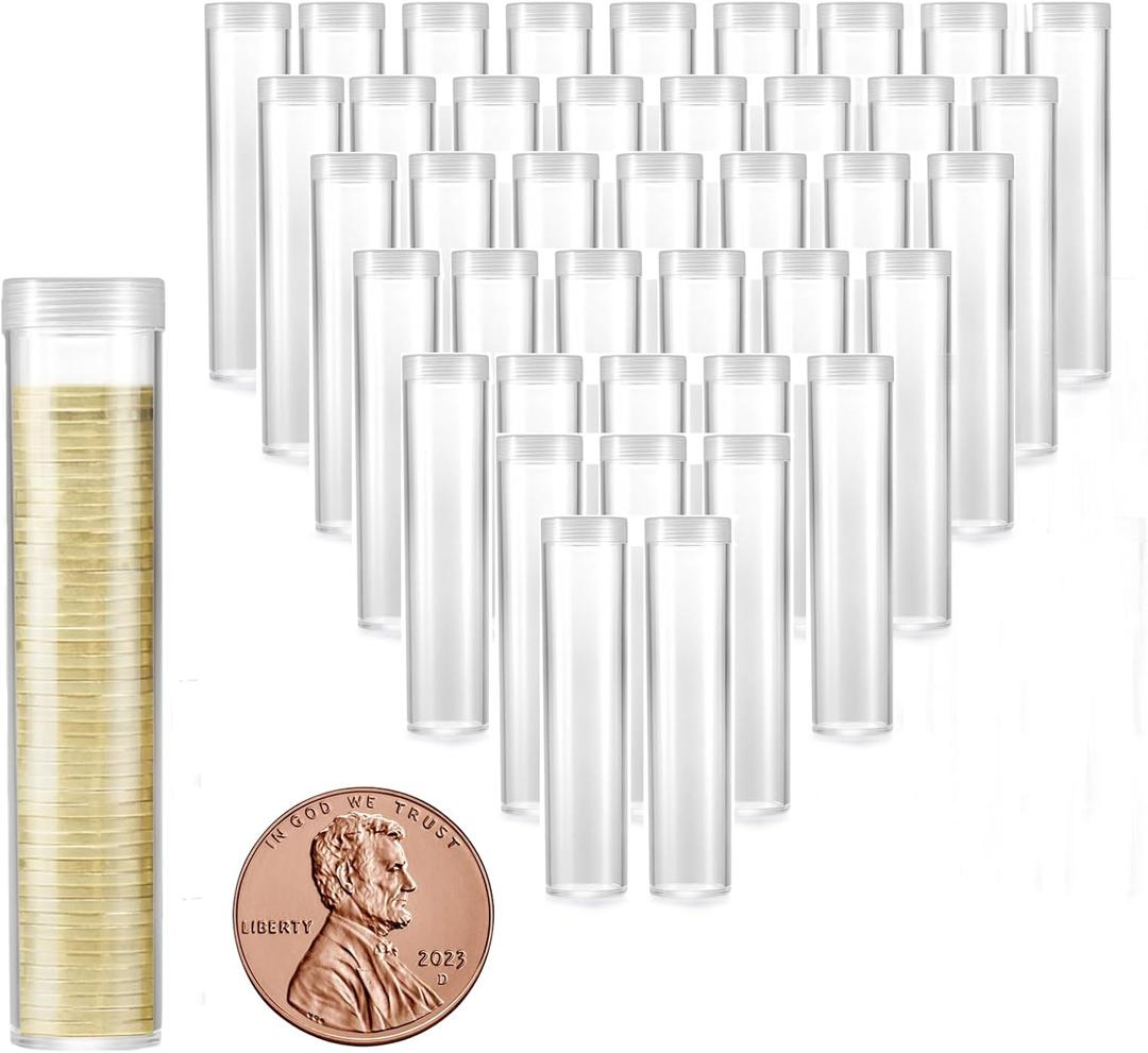 MUDOR 40 Pack Coin Storage Tube for Cent, Plastic Coin Holders Tube with Screw-On Caps, Coin Collection Supplies, Long-Term Coin Storage (Cent)