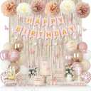 Boho Dusty Pink Birthday Decorations for Women Girls, Blush Beige Gold Metallic Printed Balloons Butterfly Stickers Fringe Curtain Happy Birthday Banner Circle Dots Garland Paper Pompom Party Supplies