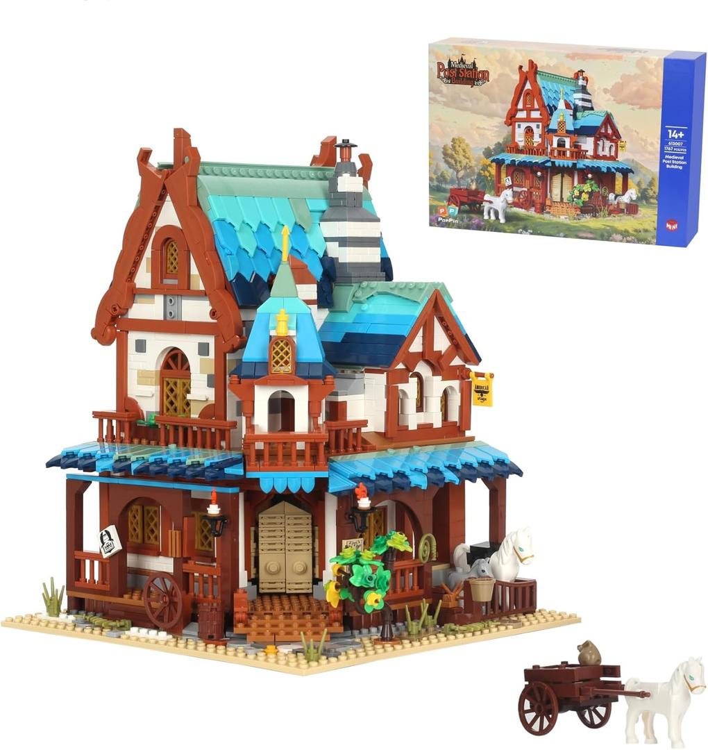 Mini Bricks 1767PCS Fairy Tale Medieval Vintage Post Station Building Blocks, Creative Ideals Village House Architecture Building, Best Halloween for 14+ Boys, Girls or Kids Adults
