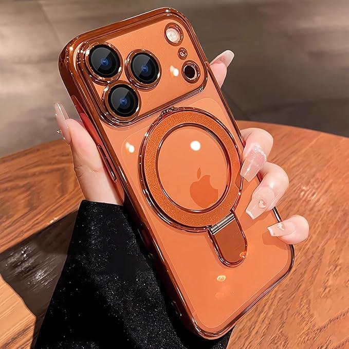 Magnetic for iPhone 17 Pro Max Case Clear,Invisible Ring Stand,Built-in Camera Lens Protector, Compatible with MagSafe,Shockproof Case for 17 ProMax, Orange