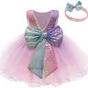 12M-6Y Baby Dress Sequins Bowknot Flower Girls Lace Wedding Pageant Tutu Gown Dresses with Headwear (Pinkpurple)