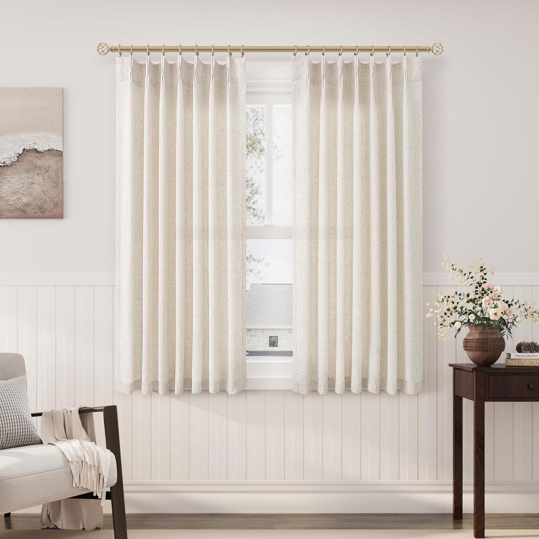Natural Cream Pinch Pleat Linen Curtains 45 Inch Long for Kitchen Pleated with Hooks Back Tab Light Filtering Boho Farmhouse Short Semi Sheer 45 Inch Cafe Curtain for Dining Room RV Small Window (40"W x 45"L (Pack of 2))
