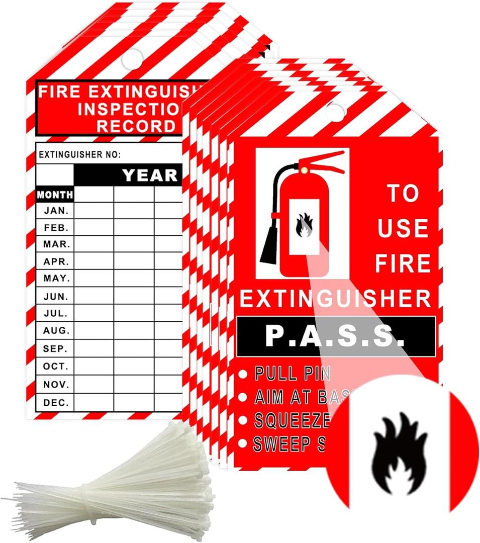 25 Pack Monthly Fire Extinguisher Inspection Tags Record 4 Year with Adjustable Wire Ties - 3.25 x 5.75 Inch PP Extinguisher Recharge and Inspection Record Tag for Indoor Outdoor Fire Extinguishers