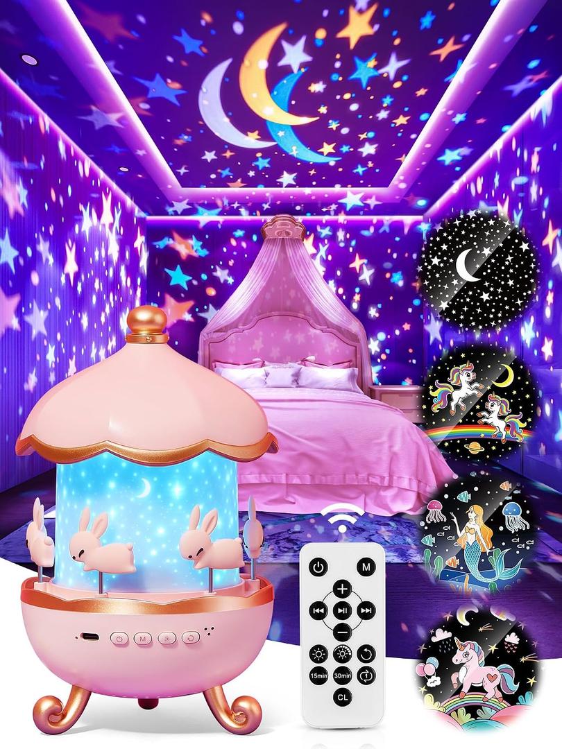 Carousel Night Light for Kids,15 Music+15 Films+315 Colors Star Projector for Kids Night Light Projector,360+Remote+1200mah Unicorn Toys for Girls Room Decor,Autism Toys,Toddler Gifts for Girls Baby
