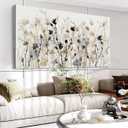 Abstract Floral Canvas Wall Art Grey Cream White Grass Flowers Canvas Pictures Modern Landscape Painting Botanic Artwork for Living Room Bedroom Kitchen Office Wall Decor Ready to Hang 20" x 40"