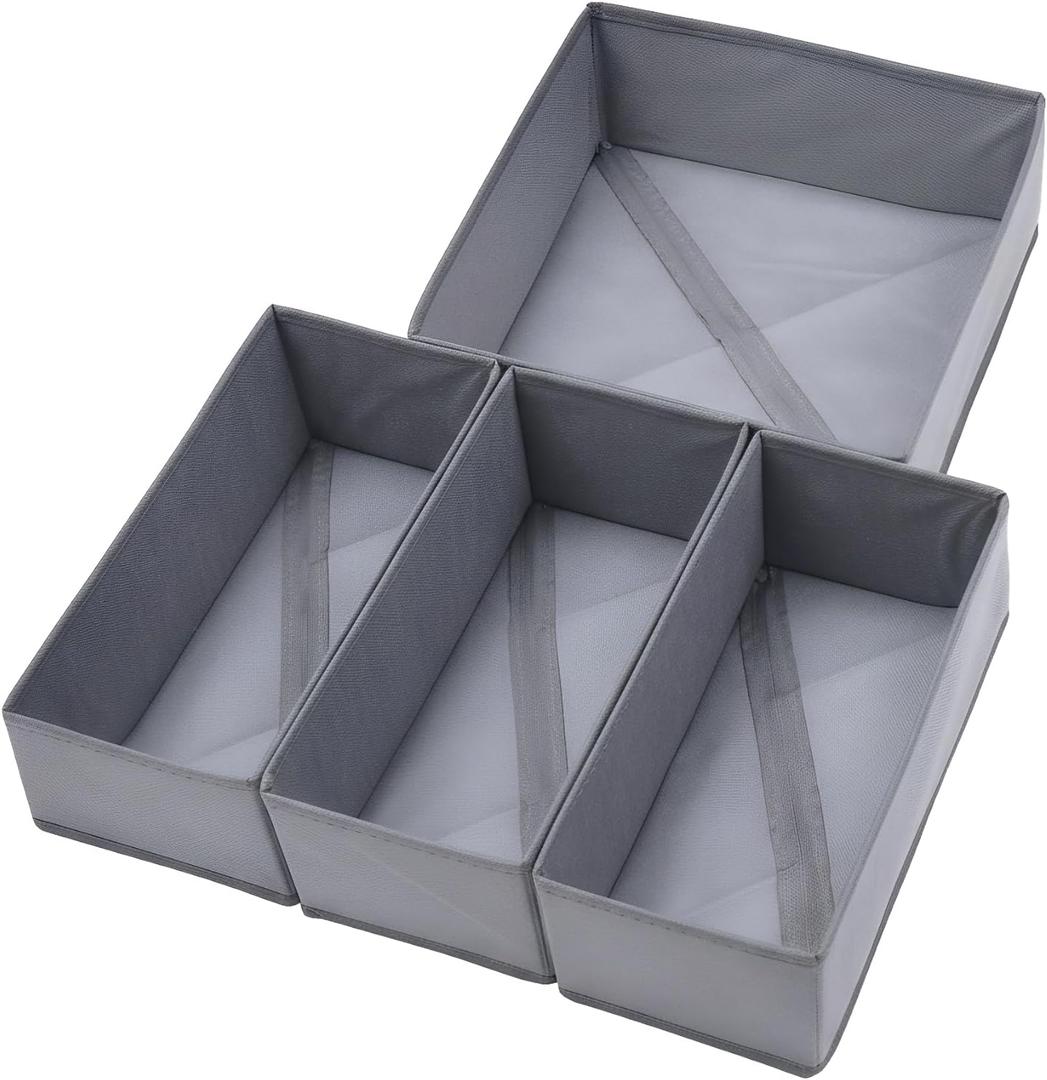 Bructhun Foldable Fabric Drawer Organizer Set 4 Pack Dresser Dividers - Sock Underwear Storage Bins Gray
