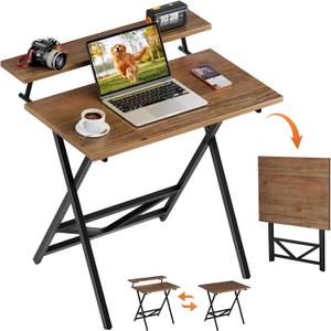 WOHOMO Folding Computer Desk with Adjustable Height, 23.6" x 31.5" x 25.6" Foldable Table with Monitor Stand, Small Office Desk for Bedroom, Space Saving Desk for Home Office, Easy Assemble, Walnut, 23.62"x31.5"