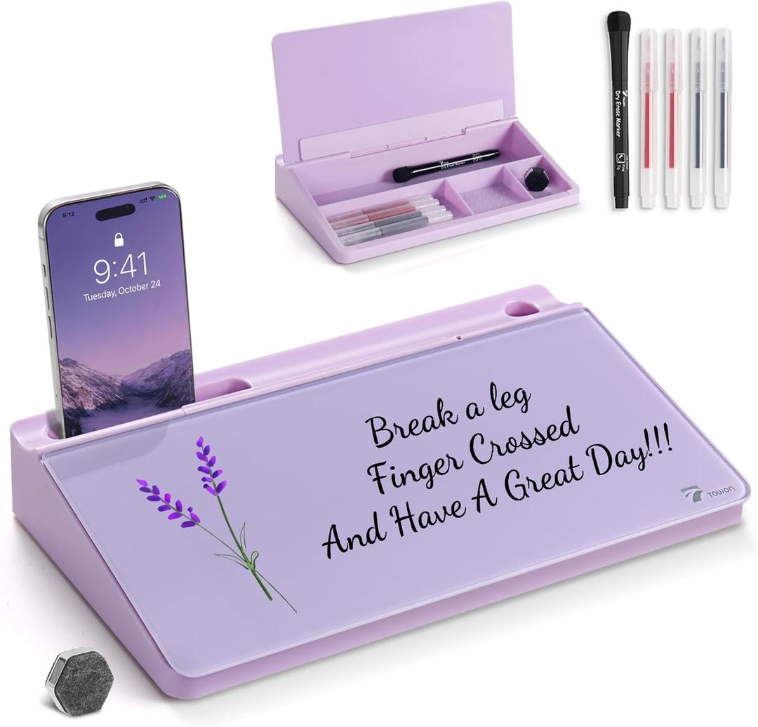 TOWON Small Compact Glass Desktop Whiteboard with Storage 12 x 7 in Dry Erase Board for Desk, Home Office, School | Includes 5 Markers, Eraser & Holder | Space-Saving Organizer, Aesthetic Lavender