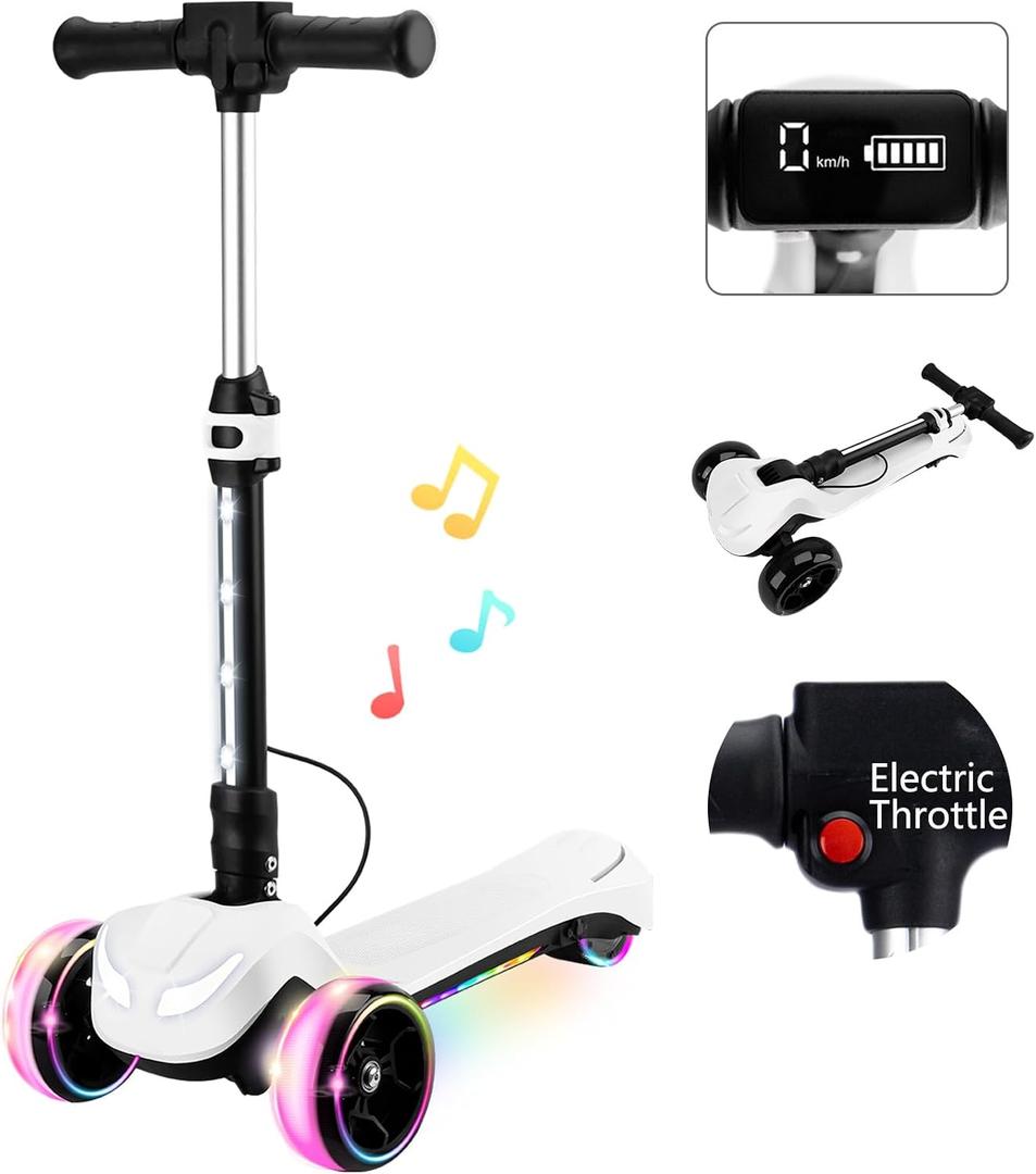 24V Electric Scooter for Kids w/150W Powerful Motor, Thumb Throttle, LCD Screen, Bluetooth, Light-Up Stem Deck & Wheels, 3 Adjustable Heights, 5MPH Safe Speed, 3 Wheel Electric Scooter for Kids