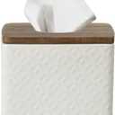 Bathroom Accessories - Ceramic Tissue Holder with Wooden Lid, Decorative Square Tissue Cover Box (White and Beige)