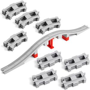 34 Pieces Train Bridge Track, Classic Railway Track with 12 Curved Tracks, 12 Straight Tracks and Bridge Tracks - Compatible with All Major Brands, Toy Track Accessory for Kid, Light Grey
