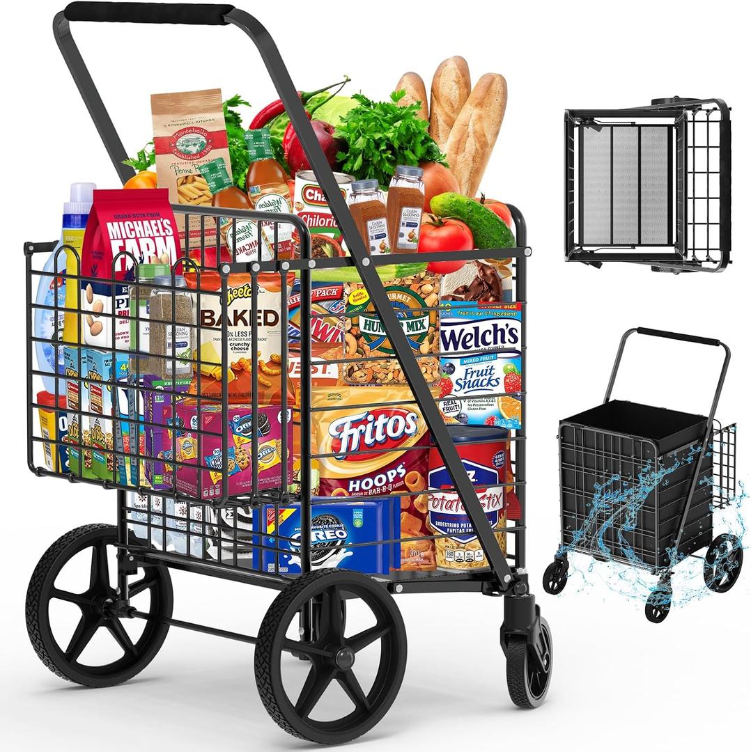 450lbs Capacity Shopping Cart,Upgrade Huge Grocery Cart on Wheels,Heavy Duty Foldable Utility Shopping Carts with Double Basket and 360 Rolling Swivel Wheels for Groceries Laundry Transport 1 Super Jumbo