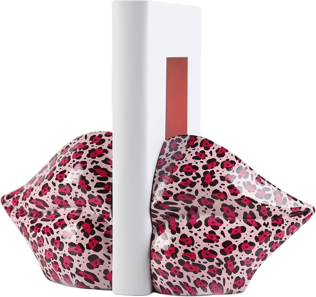 Leopard Print Lips Decorated Bookends，Set of 2 Heavy Decorative Book Stoppers，Unique Resin Decoration，Creative Desktop Decor for Study Room Hotel Office Shelves