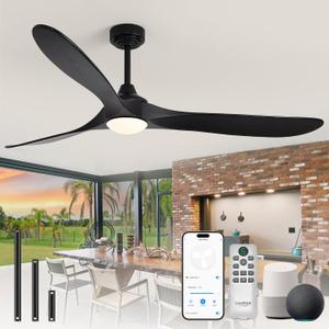60 inch Outdoor Ceiling Fans with Lights,Smart Wood Ceiling Fan for Alexa,Google & APP Control,Indoor/Outdoor,3 Blades,3CCT Dimmable,Black Walnut,Downrod Mount for Patio Porch