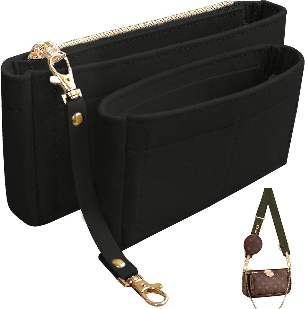 Soyizom Multi Pochette Accessories Purse Organizer Insert for Women,2 Packs Bag Purse Organizer Insert Fits for Pochette Tote Bag Organizer Bag in Bag with Key Chains and Zipper,Black