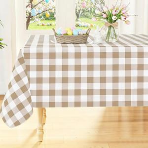 Smiry Rectangle Table Cloth, Waterproof Vinyl Tablecloth with Flannel Backing, Wipeable Buffalo Plaid Table Cover for Picnic, Indoor and Outdoor (Khaki & White, 70"x120")