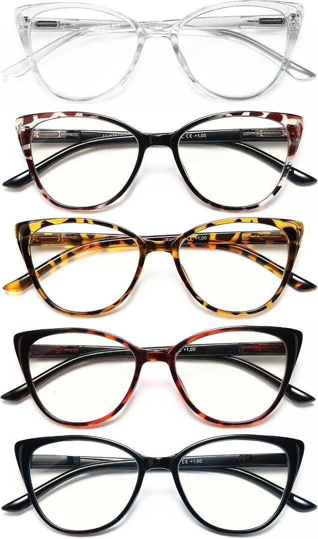 EYEURL 5 Pack Cat Eye Reading Glasses for Women-Blue Light Glasses for Woman Fashion Readers with Spring Hinge, +2.50