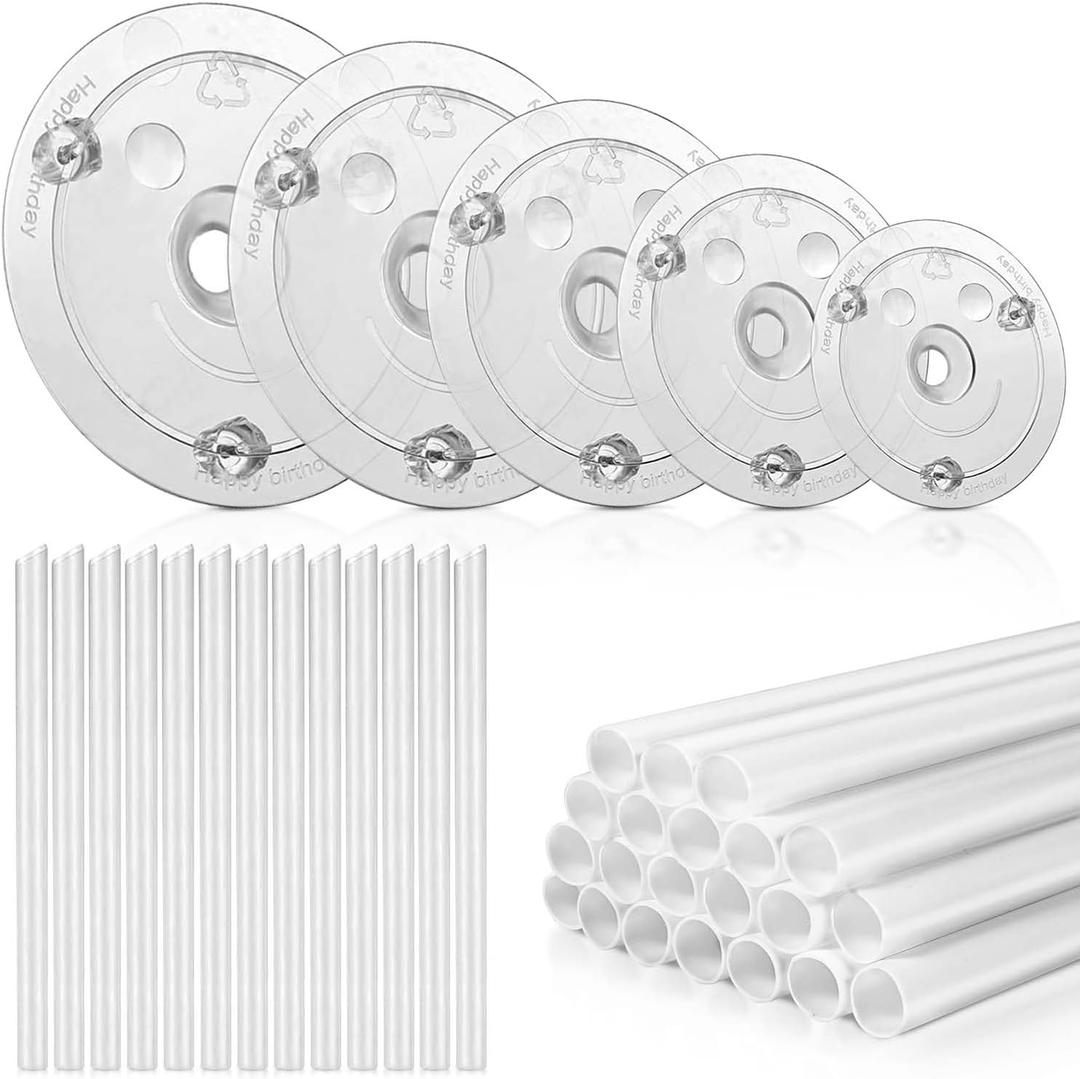 KISEER 5 Pieces Cake Separator Plates Stands with 24 Pieces Plastic Cake Dowels Rods and 15 Pieces Clear Cake Sticks Support Stacking for 4 6 8 10 12 Inch Tiered Cakes