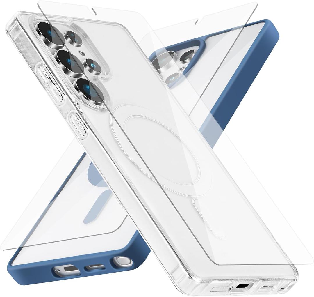 Strong Magnetic for Samsung Galaxy S25 Ultra Case, 2 Case&2 Screen Protector for S25 Ultra Phone,Mil-Grade Drop Protection,Clear and Blue